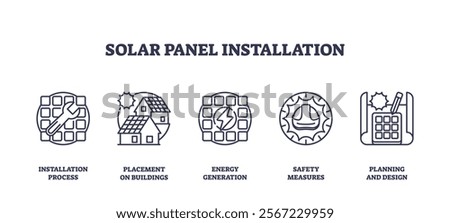 Solar panel installation icons show tools, buildings, and energy symbols. Outline icons set.