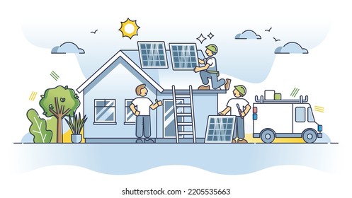 Solar panel installation and professional technician application on roof outline concept. Maintenance and adjustment for effective performance and improved electricity production vector illustration.