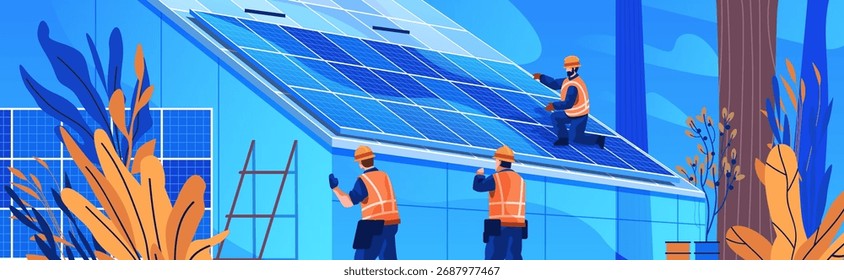 Instalação de painel solar trabalhadores de energia renovável montagem de telhados células fotovoltaicas construção azul laranja plantas paisagem urbana moderna