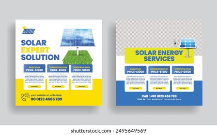 Solar panel installation and repair service social media post ads template, ecology website banner template,
Solar power square flyer or poster design