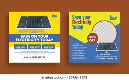 Solar panel installation and repair service social media post ads template, ecology website banner template,
Solar power square flyer or poster design