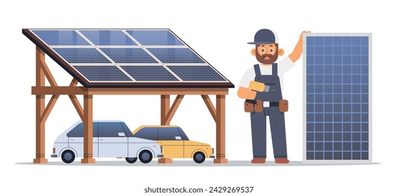 Especialista en instalación de paneles solares. Refugio de vehículos ecológicos. Ilustración vectorial plana