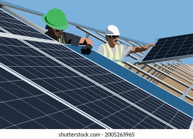 Solar panel installation worker and constructions on roof top. Technology and innovation for home energy and future. Professional work install the panel grid with safety helmet