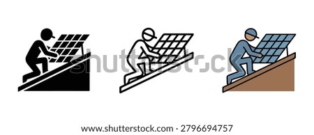 Solar panel installation workers in different styles and colors installing renewable energy systems on rooftops workers in various line art styles installing solar panels