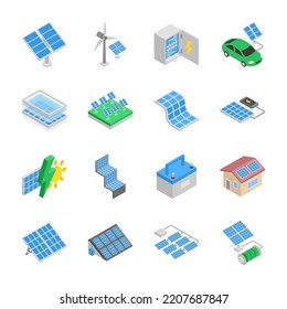 Solar panel isometric icons set. Different photo-voltaic module. Solar power. Objects collection. Vector illustration