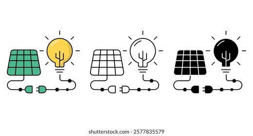 Solar panel and light bulb icons set. solar energy flat simple for infographics design. Sustainability, renewable energy and innovation. Eco-efficient technology, vector illustration.