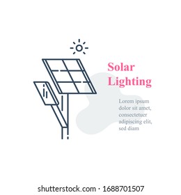 Solar panel lighting system, street lamp, energy efficient lantern, autonomous solution, vector line icon