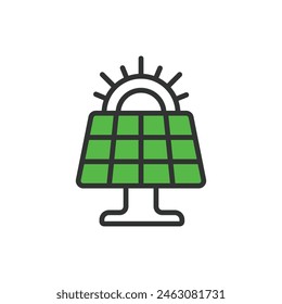 Solar panel, in line design, green. Solar, panel, energy, renewable, power, green, electricity on white background vector. Solar panel editable stroke icon.