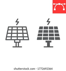 Línea de panel solar e icono de glifo, energía y ecología, gráficos vectoriales del panel solar, icono lineal de trazo editable, eps 10