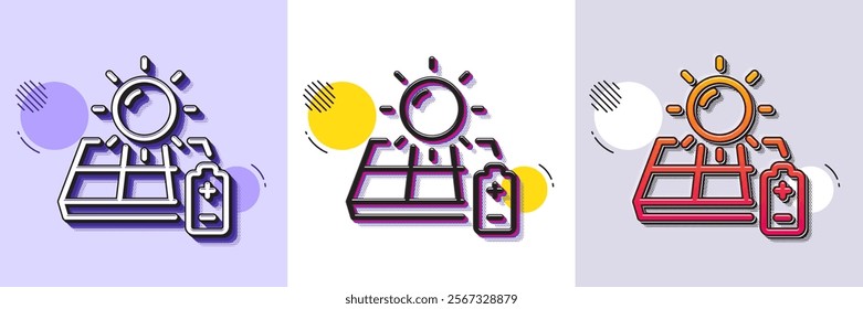 Solar panel line icon. Halftone dotted pattern. Gradient icon with grain shadow. Sun energy sign. Charge battery symbol. Line solar panel icon. Various designs. Vector