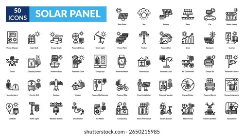 SOLAR PANEL line icon set. Solar Panel, Sun, Battery, Farm, Car, Water Heater, Phone Charger