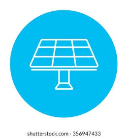 Solar panel line icon for web, mobile and infographics. Vector white icon on the light blue circle isolated on white background.