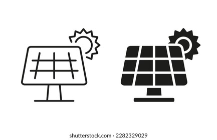 Solar Panel Line and Silhouette Icon Set. Sun Energy Pictogram. Renewable Electricity Symbol Collection on White Background. Ecology Electric Sunlight System for House. Isolated Vector Illustration.