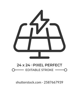 Solar panel line ui icon. Electricity generation from sun power. Sustainable energy source. Sun light. Isolated vector outline symbol. Webdesign user interface element linear, pixel perfect