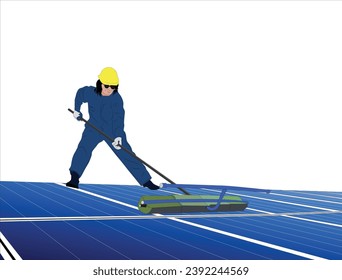 Solar panel maintenance labor working Male technician in industry uniform and safety hat gentle cleaning of solar panels with brush. Ensuring optimal cleanliness for efficiency of solar thermal panels