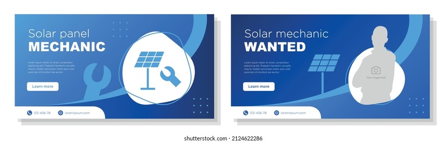 Solar panel mechanic online banner template set, electrician wanted corporate advertisement, horizontal ad, solar energy worker campaign webpage, flyer, creative brochure, isolated on background.