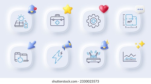 Solar panel, Medicine and Trade infochart line icons. Buttons with 3d bell, chat speech, cursor. Pack of Floor plan, Power, First aid icon. Wifi, Recovery devices pictogram. Vector