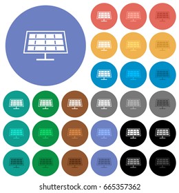 Solar panel multi colored flat icons on round backgrounds. Included white, light and dark icon variations for hover and active status effects, and bonus shades on black backgounds.