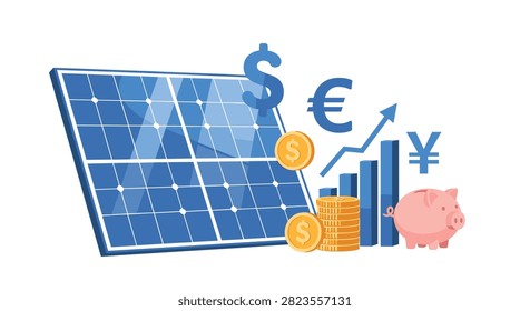 Solar panel next to a piggy bank, coin stack, and bar chart with dollar, euro, and yen currency symbols renewable energy savings.