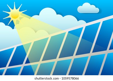 Solar panel on blue sky background with clouds, sun and light beam.