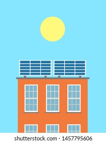 Solar panel on the building rooftop - ecological and sustainable source of renewable energy. Vector illustration