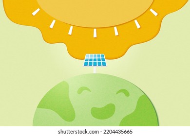 Solar panel on the green earth.Clean energy and eco friendly background.Paper art of ecology and environment concept.Vector illustration.