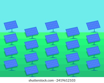 Solar panel on a green field. Landscape with a solar panel. Renewable energy, production of environmentally friendly electricity. Design of advertising products and posters. Vector illustration