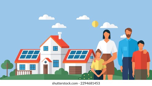 Solar panel on home roof sun system. Renewable electric solar power plant station. Modern alternative eco green energy. Clean sustainable energy photovoltaic generation industry. Family think green