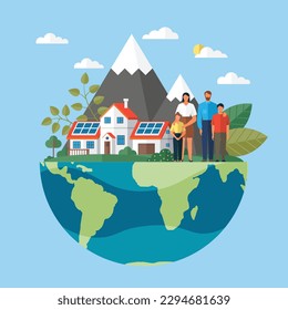 Solar panel on home roof sun system. Solar battery generates a pure electricity. Sun power photovoltaic PV home system and renewable electric energy technology. Happy family with green energy