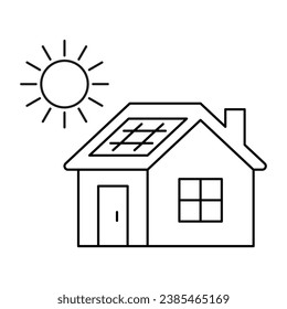 Solar panel on house, accumulate sun energy, line icon. Alternative electric generation from sunlight. Vector outline illustration
