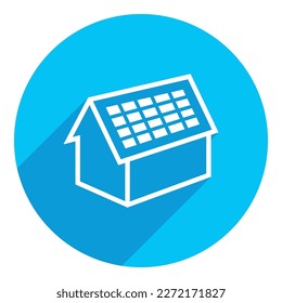 Solar panel on the house. flat icon. long shadow design. blue background.