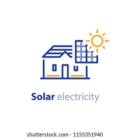 Solar panel on house roof, electrical services, energy saving concept, sun electricity, vector line icon