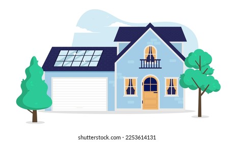 Panel solar en el techo de la casa - Pequeña casa normal de color azul con conjunto de paneles solares instalados. Vista frontal, ilustración vectorial de diseño plano con fondo blanco