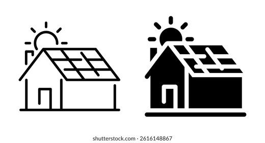 Solar panel on house roof with sun icon. Silhouette and line style.