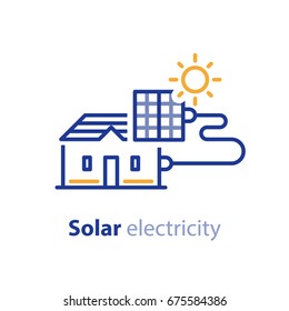 Solar Panel On House Roof, Electrical Services, Energy Saving Concept, Sun Electricity, Vector Line Icon