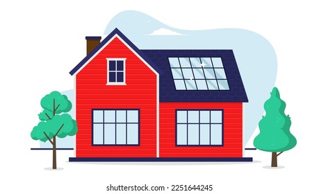 Solar panel on house - Small regular home in red colour with set of solar panels installed on roof. Front view, flat design vector illustration with white background