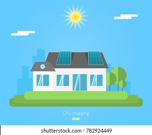 Solar panel on the roof of house. City charging ecology, flat style concept for renewable energy and eco technologies