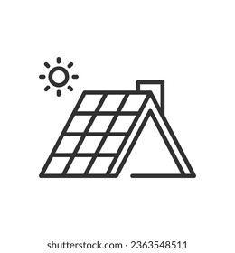 Sonnenkollektor auf dem Dach, lineares Symbol. Sonnendach-Dachdeckung. Linie mit bearbeitbarem Hub