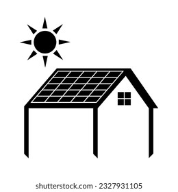 Solar Panel on Roof Logo. Solar Energy  Logo. Solar Panel on Roof at Home. Vector Illustration Isolated on White Background. 