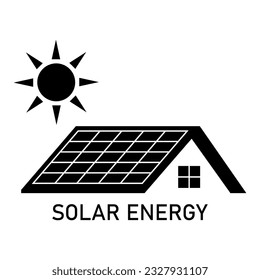 Solar Panel on Roof Logo. Solar Energy  Logo. Solar Panel on Roof at Home. Vector Illustration Isolated on White Background. 