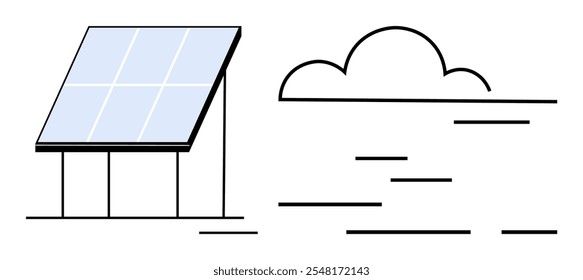 Painel solar em uma estrutura de suporte ao lado de uma nuvem minimalista com linhas horizontais sugerindo vento ou movimento. Ideal para energia renovável, sustentabilidade, tecnologia limpa, soluções ecológicas