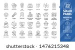 Solar panel outline icon set with sun power photovoltaic (PV) home system and renewable electric energy technology editable stroke line signs: house, cell, battery, vehicle, aircraft and spacecraft.
