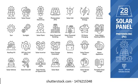 Solar panel outline icon set with sun power photovoltaic (PV) home system and renewable electric energy technology editable stroke line signs: house, cell, battery, vehicle, aircraft and spacecraft. - Shutterstock ID 1476215348
