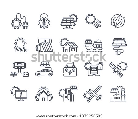 Solar panel outline icon set. Sun power photovoltaic PV home system and renewable electric energy technology editable stroke line signs house, cell, battery, vehicle, aircraft and spacecraft, ship