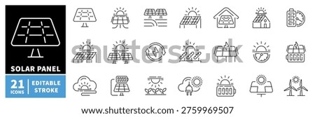 Solar panel outline icon set with editable stroke for renewable energy concepts