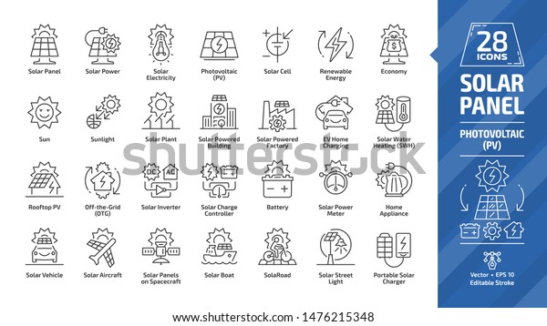 Solar panel outline icon set with sun power\
photovoltaic (PV) home system and renewable electric energy\
technology editable stroke line signs: house, cell, battery,\
vehicle, aircraft and\
spacecraft.