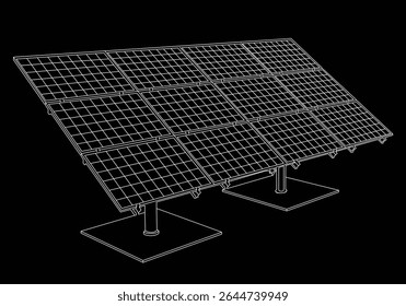 Solar panel outline vector illustration, white stroke black background. Wire-frame style. The layers of visible and invisible lines are separated. Renewable energy source concept. Editable. EPS 10