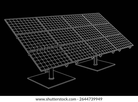 Solar panel outline vector illustration, white stroke black background. Wire-frame style. The layers of visible and invisible lines are separated. Renewable energy source concept. Editable. EPS 10