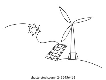 Panel solar fotovoltaico y molino de viento para generación de energía verde. Un dibujo de una sola línea continuo minimalista.