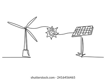 Panel solar fotovoltaico y molino de viento para generación de energía verde. Un dibujo de una sola línea continuo minimalista.